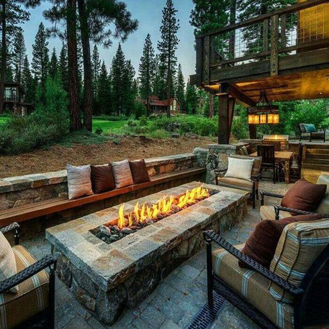 Outdoor patio with rectangular firepit