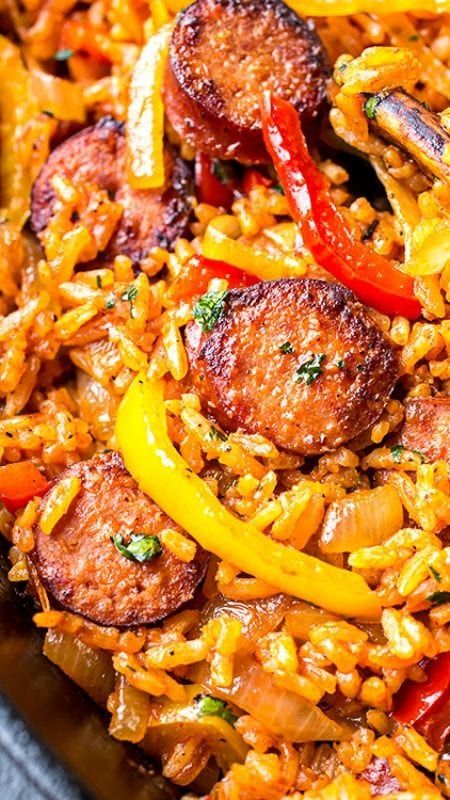 Smoked Sausage and Red Rice Skillet with Charred Onions and Peppers