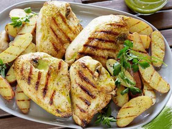 grilled chicken with roasted garlic oregano vinaigrette and grilled fingerling potatoes