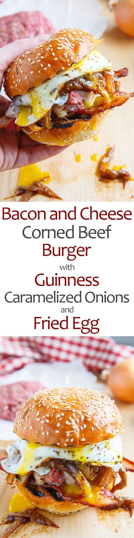 Bacon and Cheese Corned Beef Burger with Guinness Caramelized Onions
