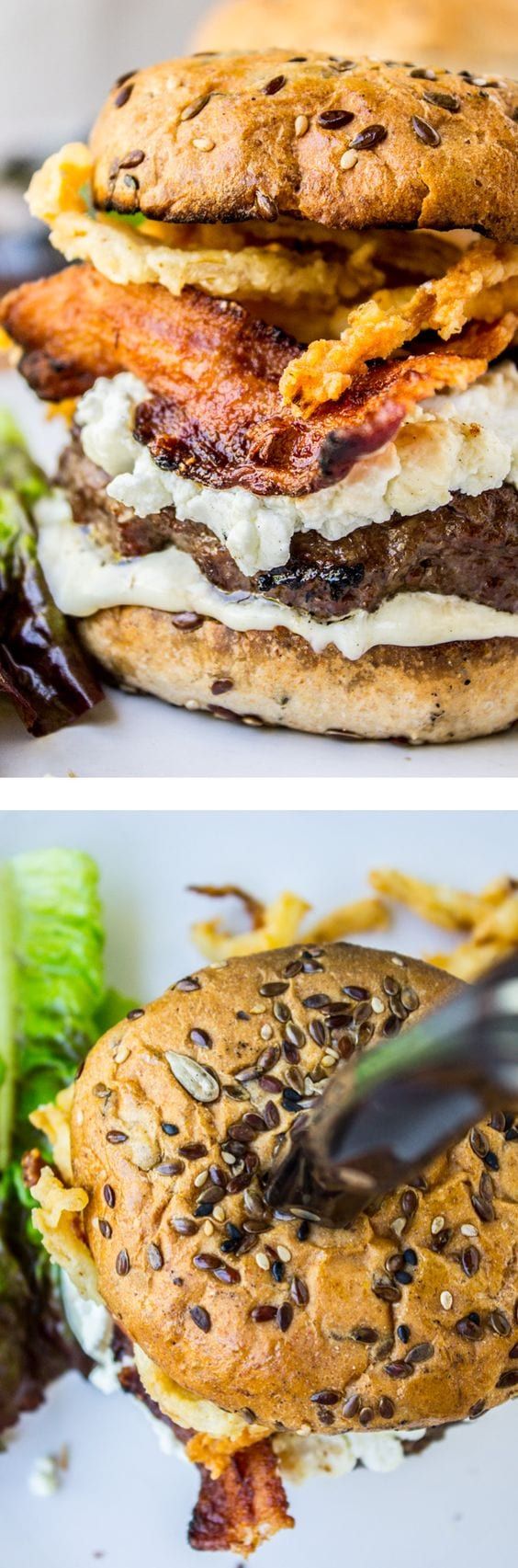 Bacon and Goat Cheese Aioli Burger with Crispy Onions