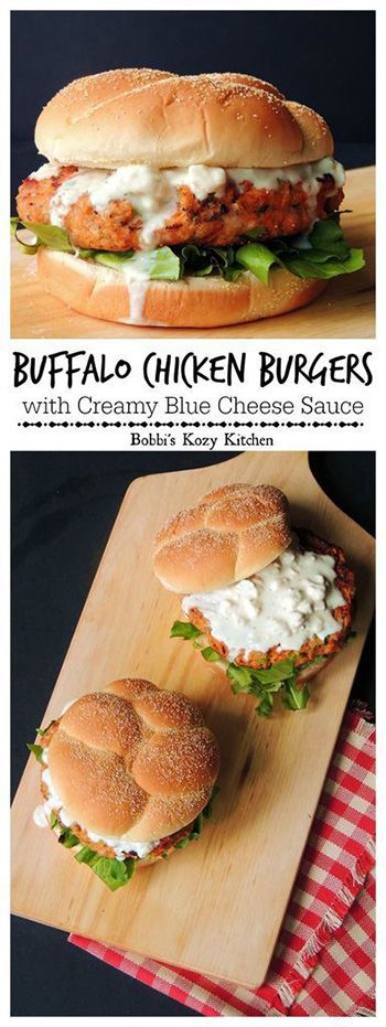 Buffalo Chicken Burgers with Creamy Blue Cheese Sauce