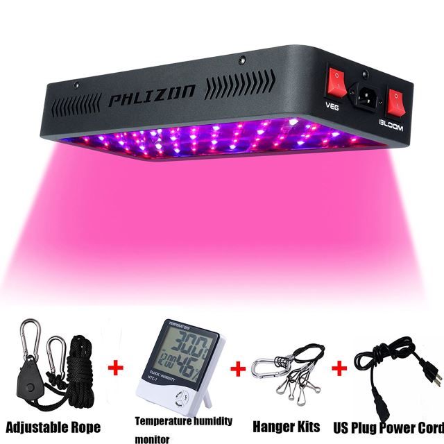 Phlizon Newest Winter 600W LED Plant Grow Light, with Thermometer Humidity Monitor, with Adjustable Rope, Full Spectrum Double Switch Plant Light for Indoor Plants Veg and Flower- 600W(10W LEDs 60Pcs)