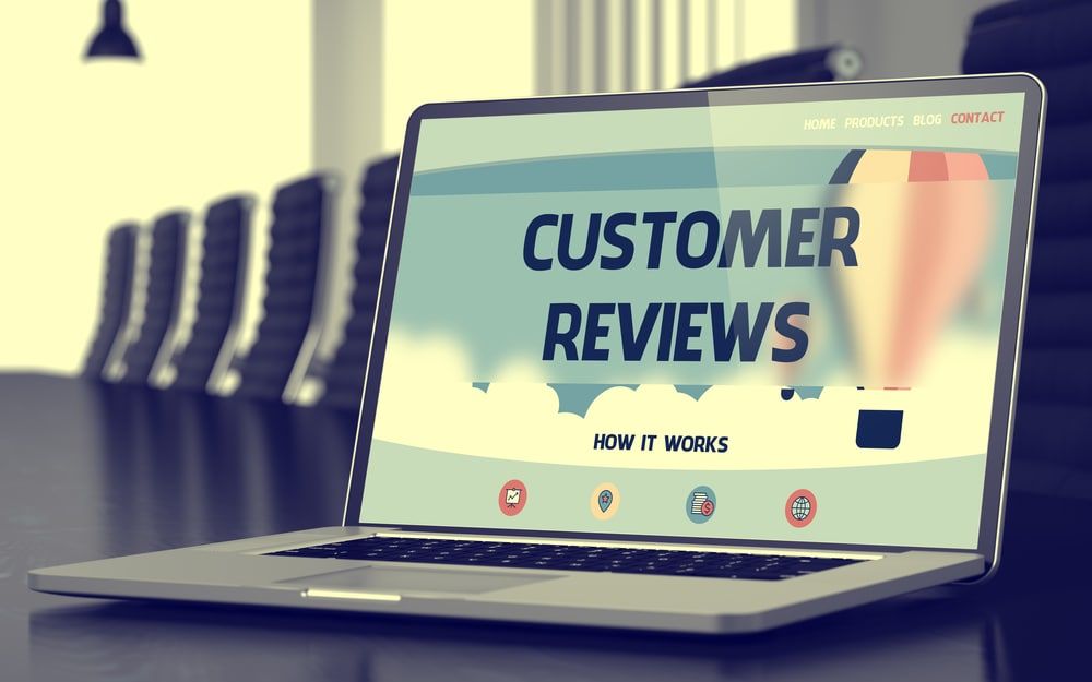 Customer Reviews Concept. Closeup Landing Page on Mobile Computer Display on Background of Conference Room in Modern Office. Blurred. Toned Image. 3D Render.