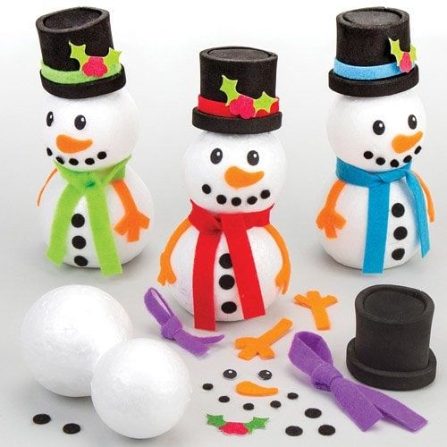 Three decorative small snow men with colorful ties and a black hat