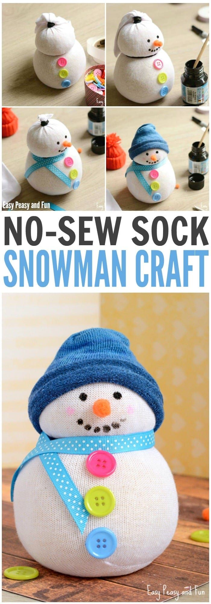 DIY Sock snowman with 3 buttons in the body and a blue cloth as hat
