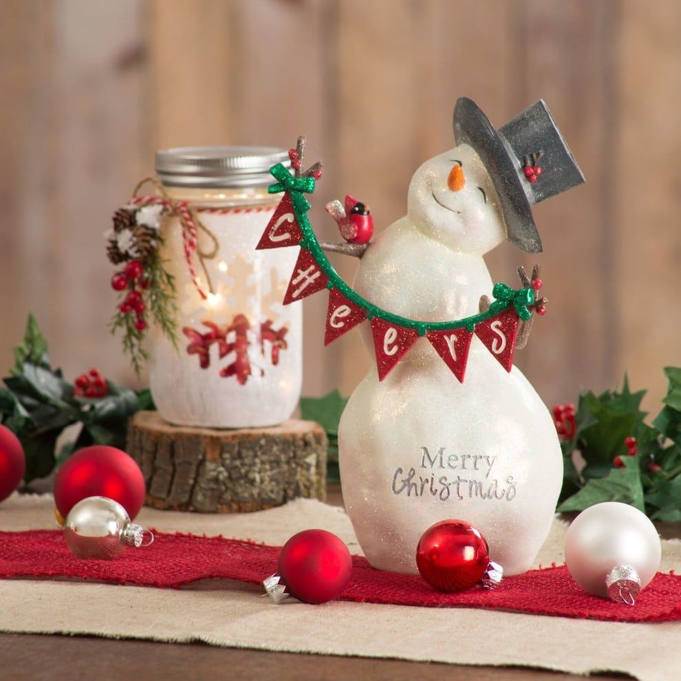 Christmas themed snowman with several christmas balls laid down