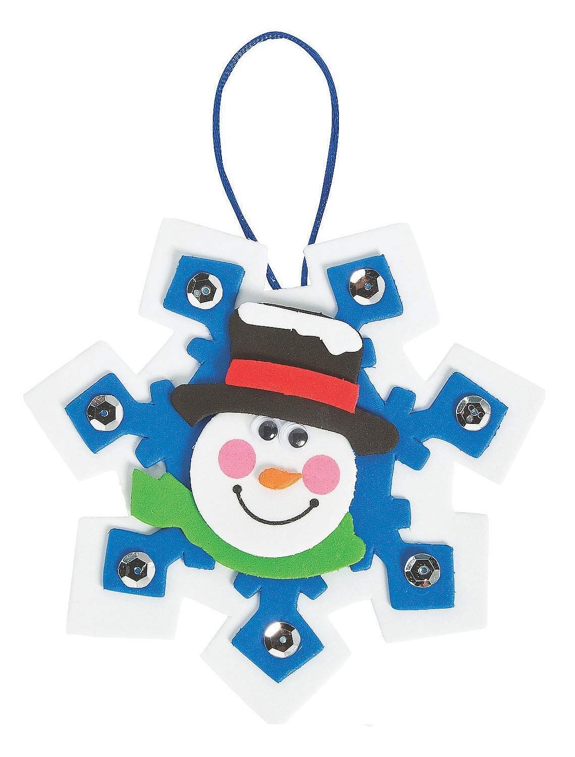 Snowflake shaped with a hanging string and a smiling snowman face in front of it