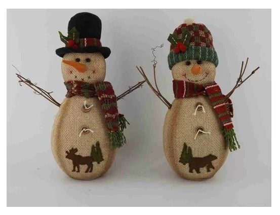 DIY two snowman wearing hat and scarf with animal like creature on their body and two buttons sewed