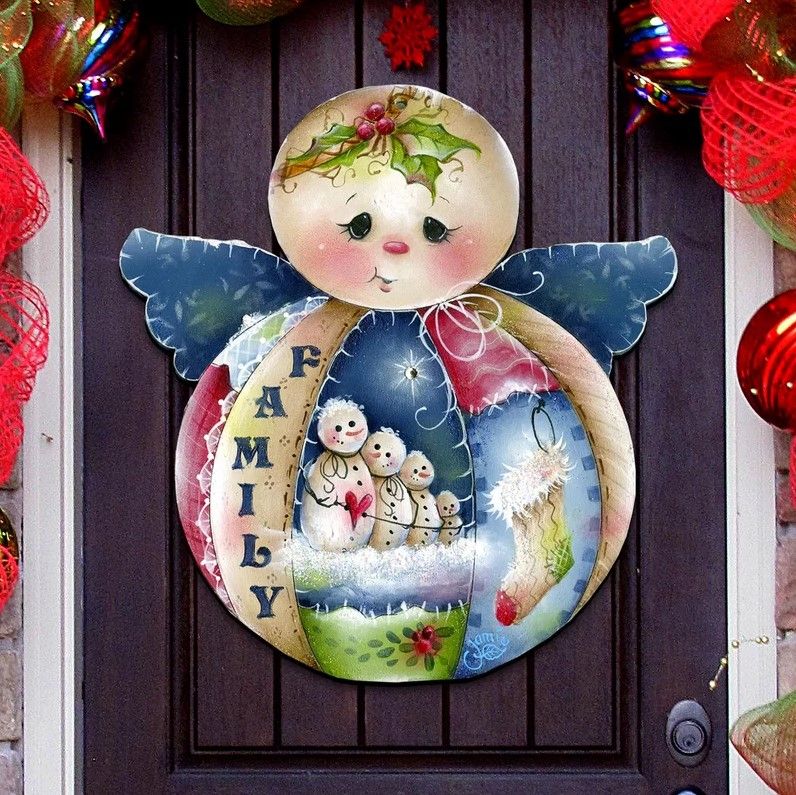 Angelic themed door hanging with several snowman on its body design