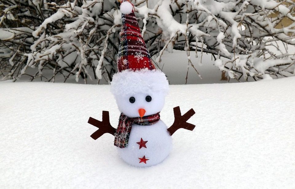 Adorable little snowman with personalized paper cut arms formed as wood and two stars attached on its body standing on a snow with twigs covered with snow on the background