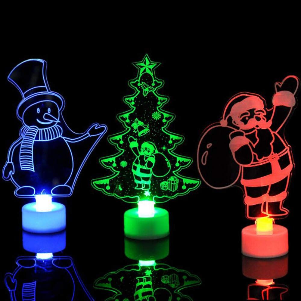 Christmas tree on the middle with Santa and Snowman on its side glowing in green, red and blue lights
