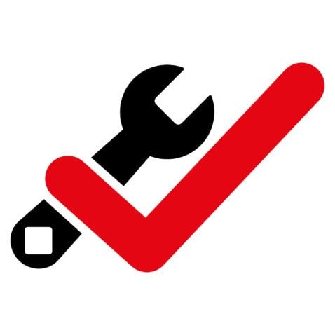 Valid Tools vector icon. Style is bicolor flat symbol, intensive red and black colors, rounded angles, white background.