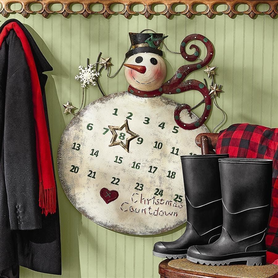 Snowman hanged on a wall with calendar dates on its body and number eight is placed inside a star with boots and coat on its side