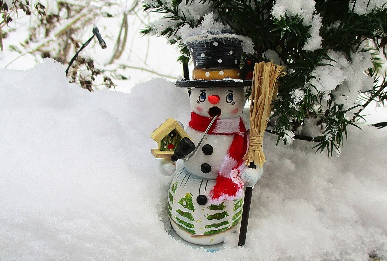 Cute little snowman holding a broom with adorable eyes standing on a snow with pine needles on its background