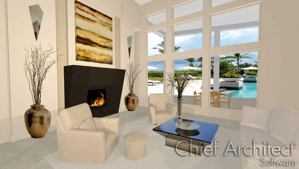 Interior design of a living area,with a fireplace,a sofa and two jars.