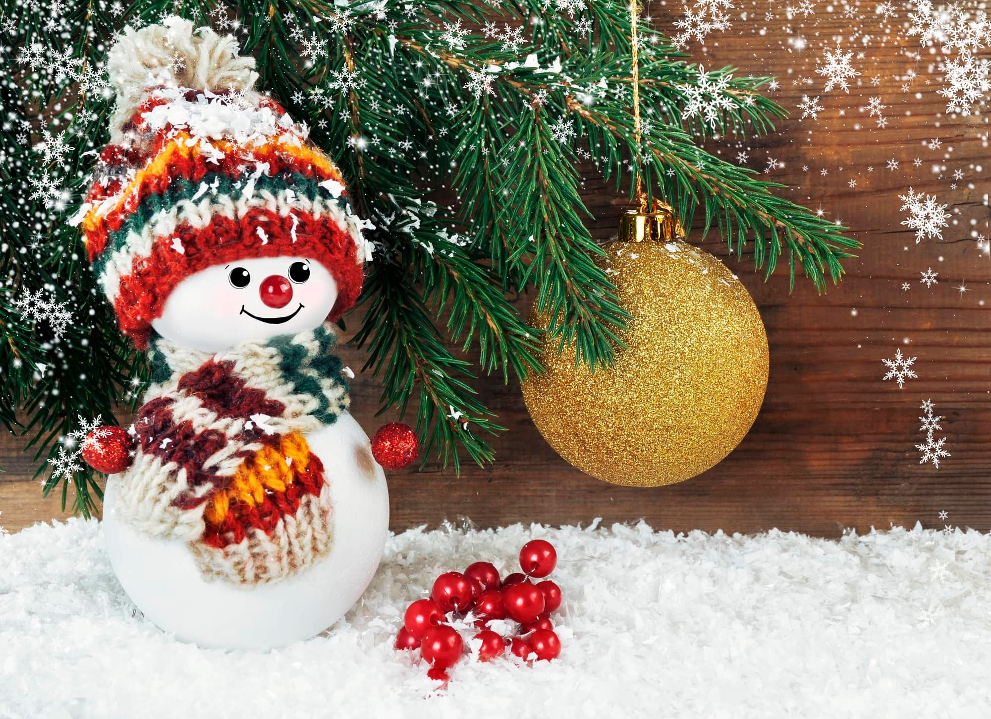 Christmas background with snowman and christmas tree