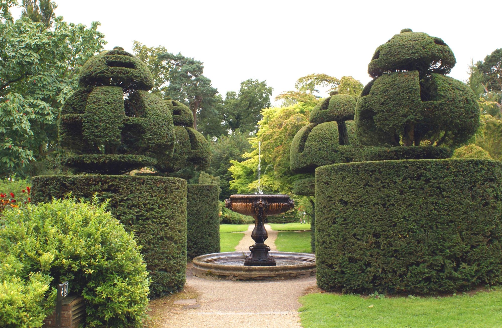 Sculptured fountain and yew topiary in a garden