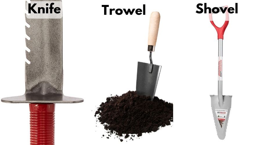 Assortment of shovels, Knife shovel, trowel and Serated Shovel
