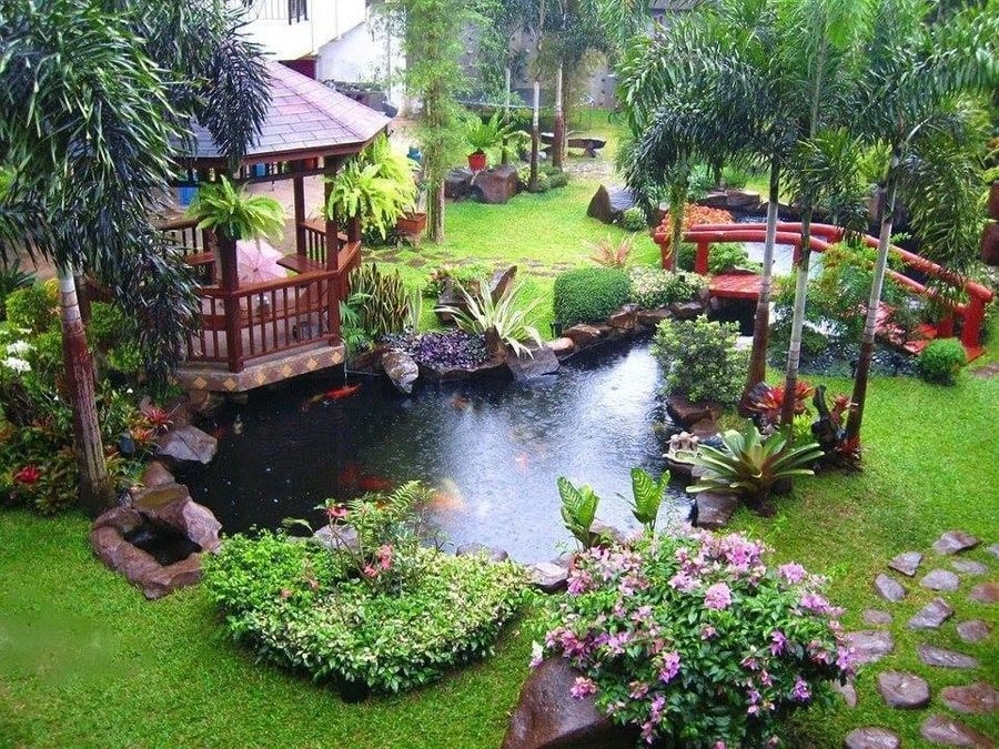 garden landscape with fish pond, bridge and waiting shed