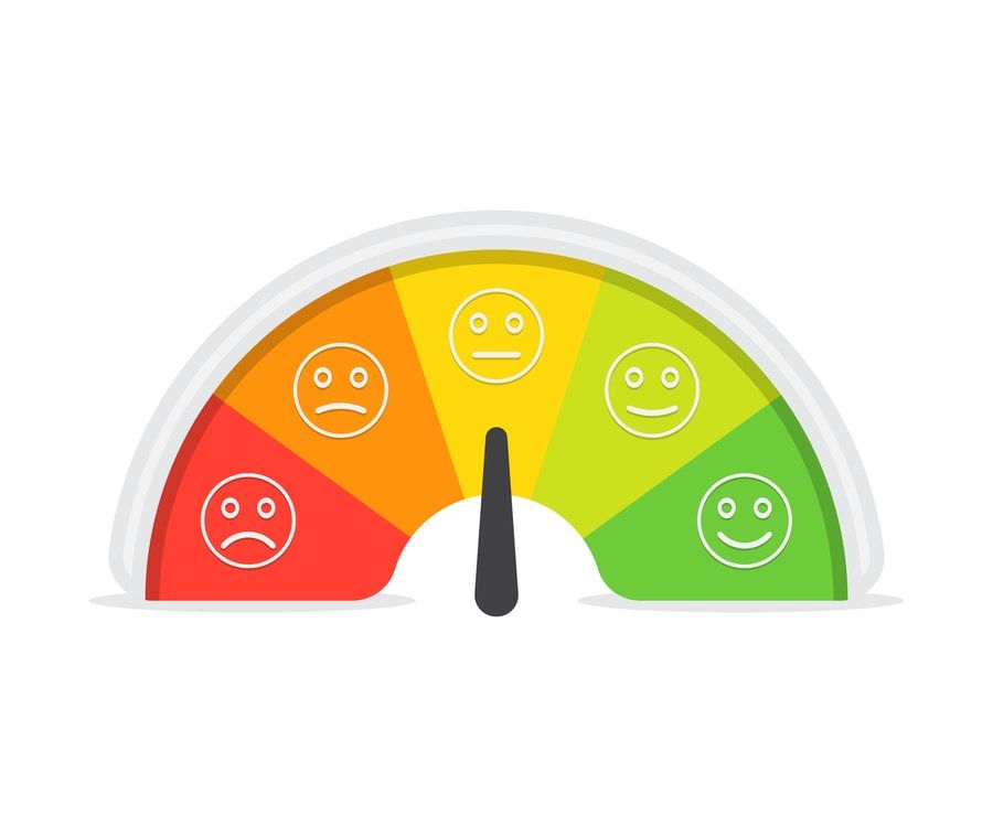 Customer satisfaction meter with different emotions. Vector illustration. Scale color with arrow from red to green and the scale of emotions.