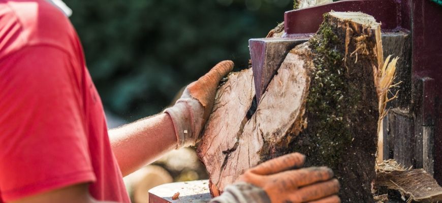 Man split the wood using log splitter