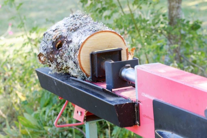 Log splitter machine splitting a birch log