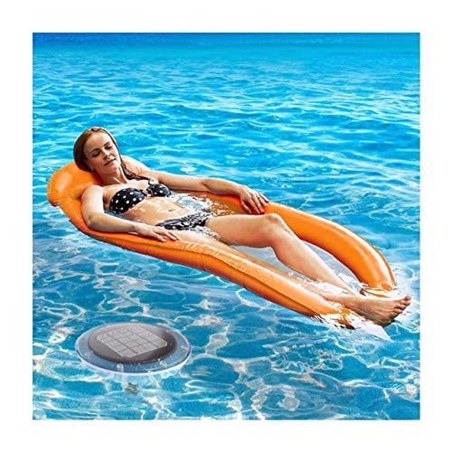 woman wearing bathing suit, lying down on the inflatable bed on the pool with DR Global Solar Pool Ionizer