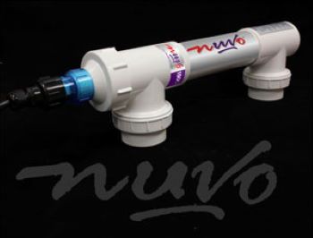 Solaxx NUVO 1500 Above Ground UV System in black background with NUVO word watermark