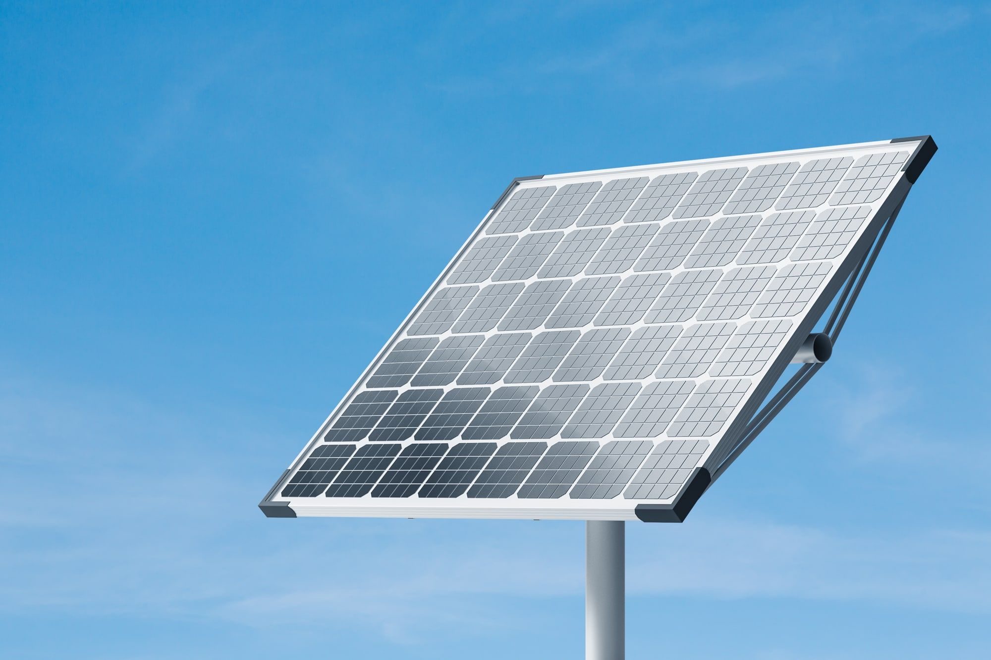 Big solar panel over blue sky background. Green energy, renewable resources and environment concept. 3d rendering mock up