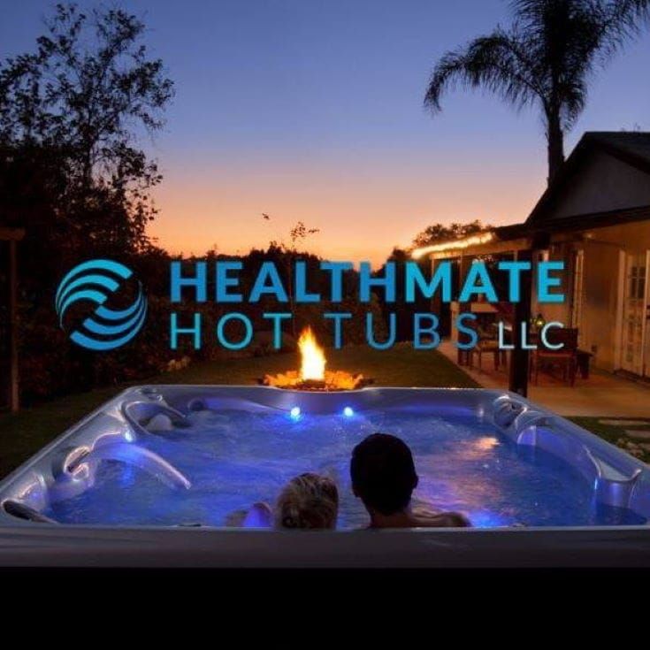 Health Mate Hot Tubs logo in hot tub with man and woman inside background