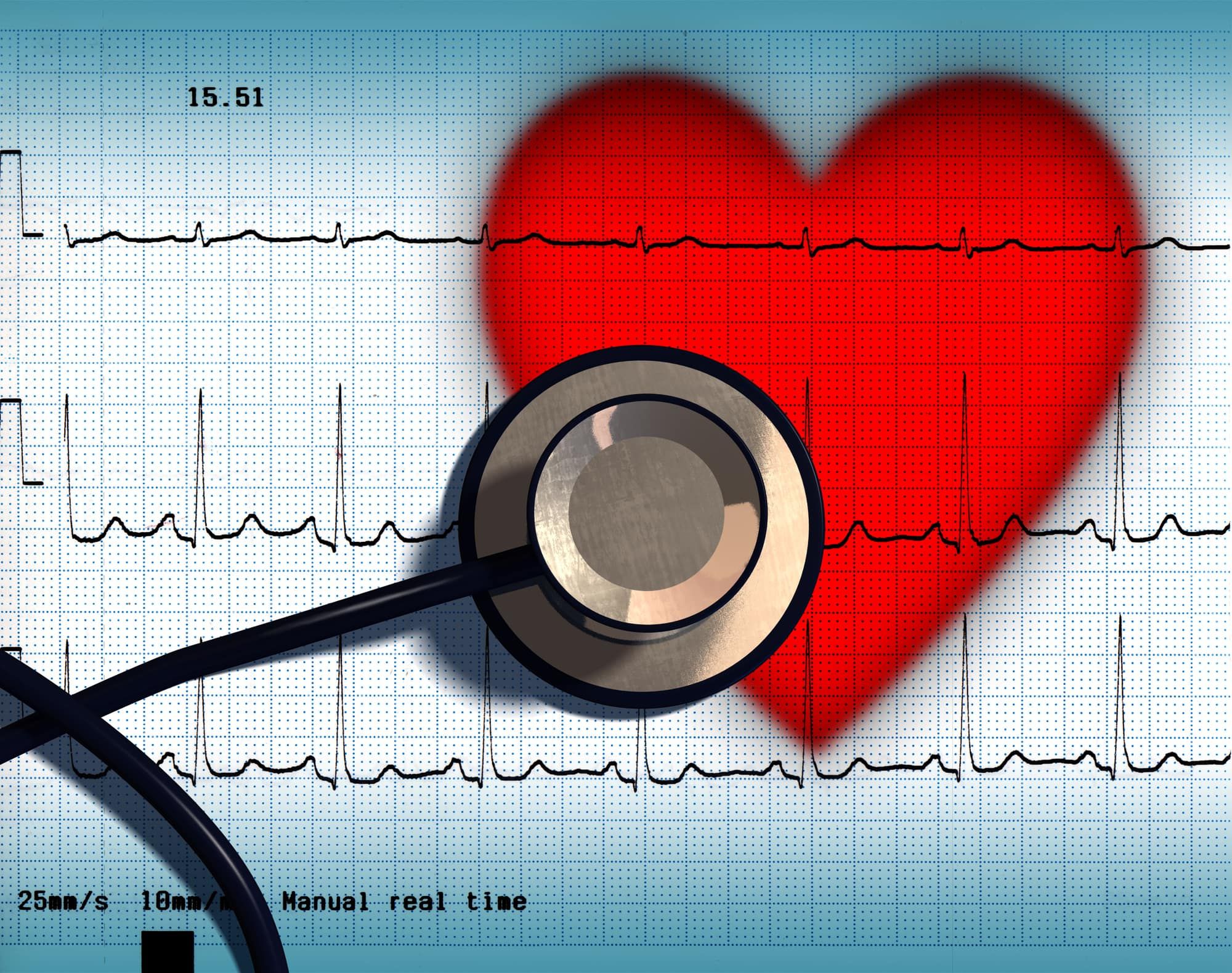 Stethoscope and ECG over a stylized hearth. Digital illustration