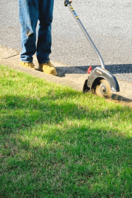 trimming edge of lawn with edger at curb