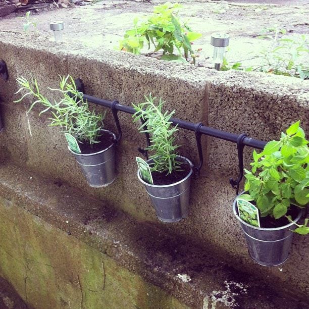 container herb garden from patio railing in small space