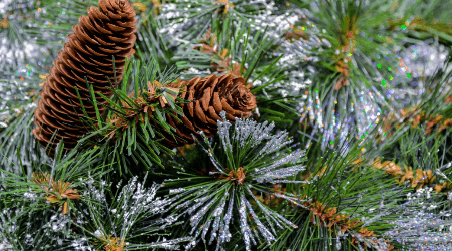 artificial tree closeup of needles realistic flocking and artificial pine cones
