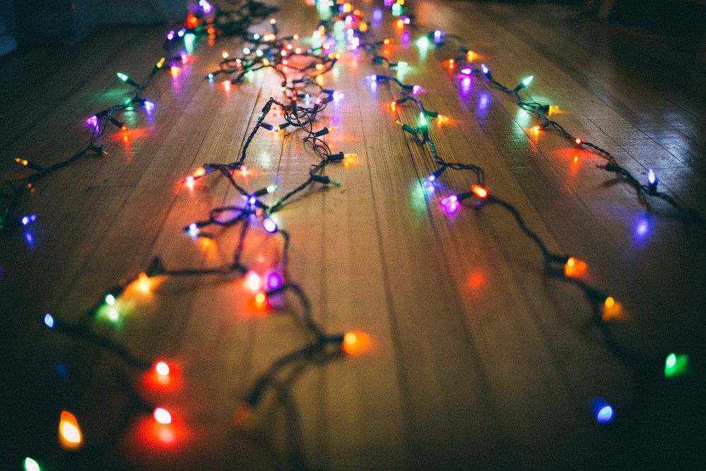 colorful LED christmas lights on floor
