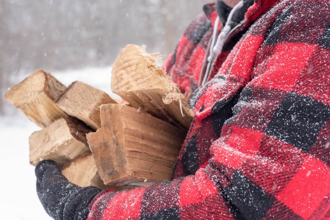 a man carrying firewood in the snow wearing a plaid jacket