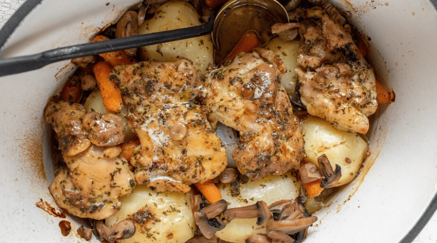 chicken in crock with potatoes mushrooms carrots herbs