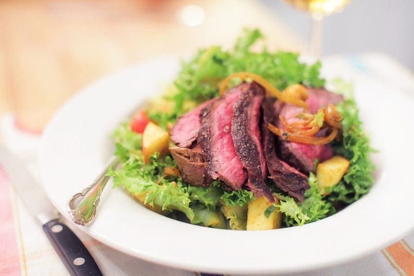Steak Salad with Chicory, Curried Chickpeas, Walnuts &amp; Apples