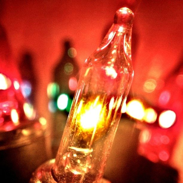 closeup incandescent christmas light bulbs