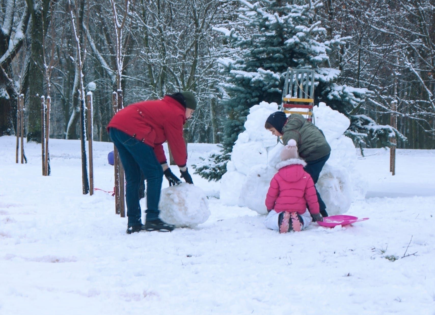 dad with kids make a snow fortress, children, game, fun, joy, cold, frost, children, people. outdoor, play, indulge, winter holidays, girl, boy, together, snowballs, winter, snowflake, snow,