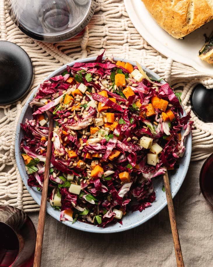 Raw and Roasted Radicchio Salad with Sweet Potato, Manchego, and Crunchy Seeds