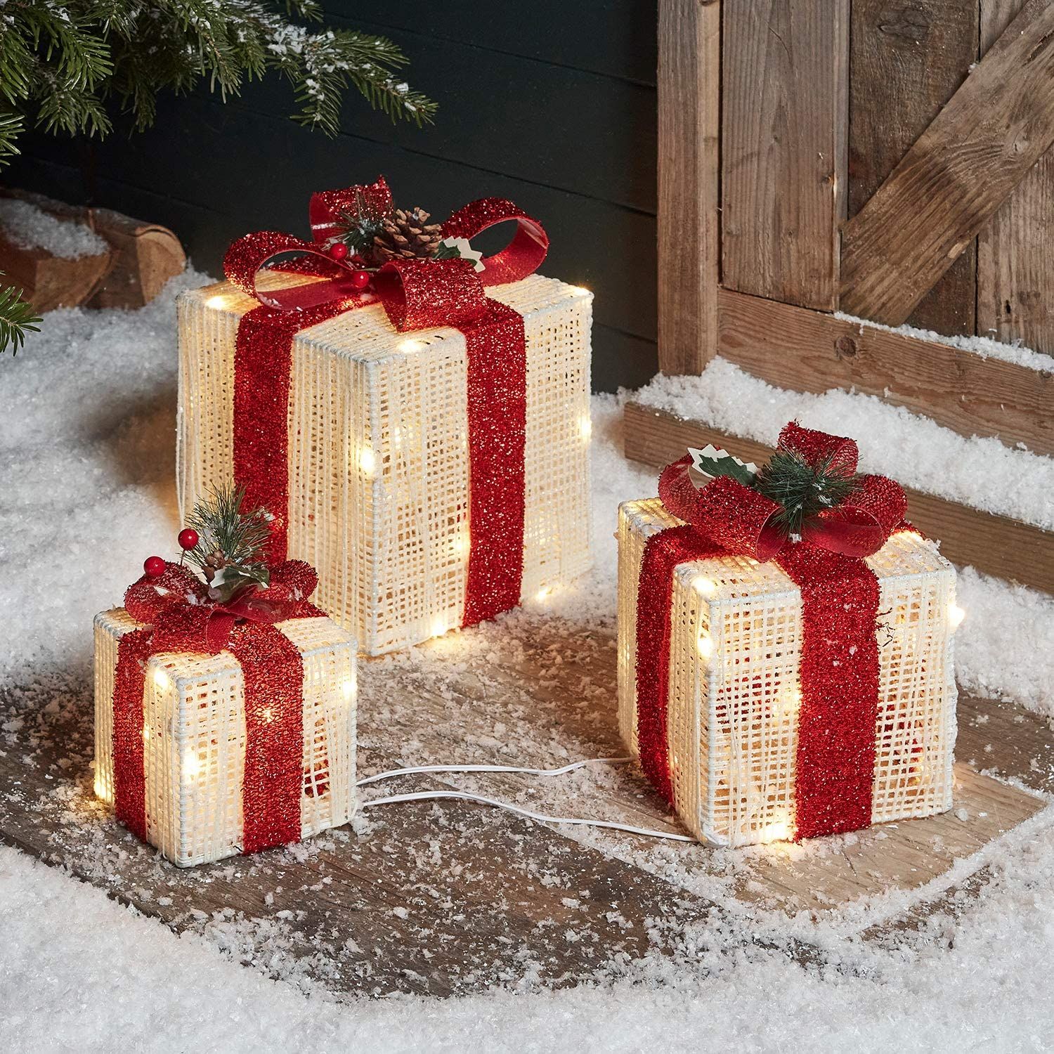 Lights4fun, Inc. Set of 3 Red &amp; White Lighted LED Box Indoor &amp; Outdoor Decorations
