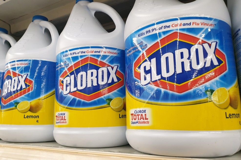 Bottles of Clorox Bleach on store shelves.