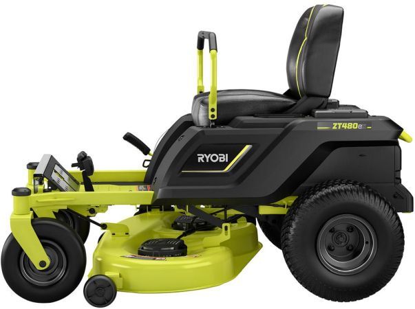A bright green and black 42-inch Ryobi electric riding mower from the side.