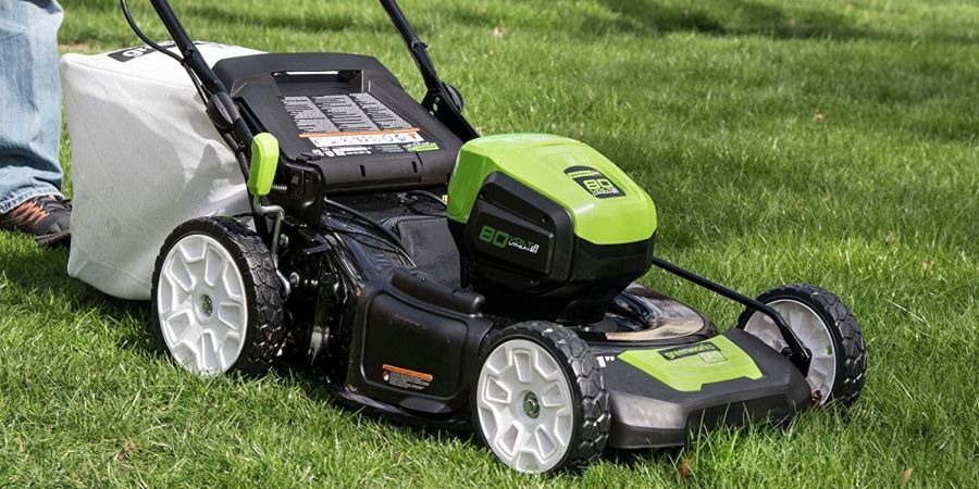 Self-propelled cordless electric gas mower by GreenWorks.
