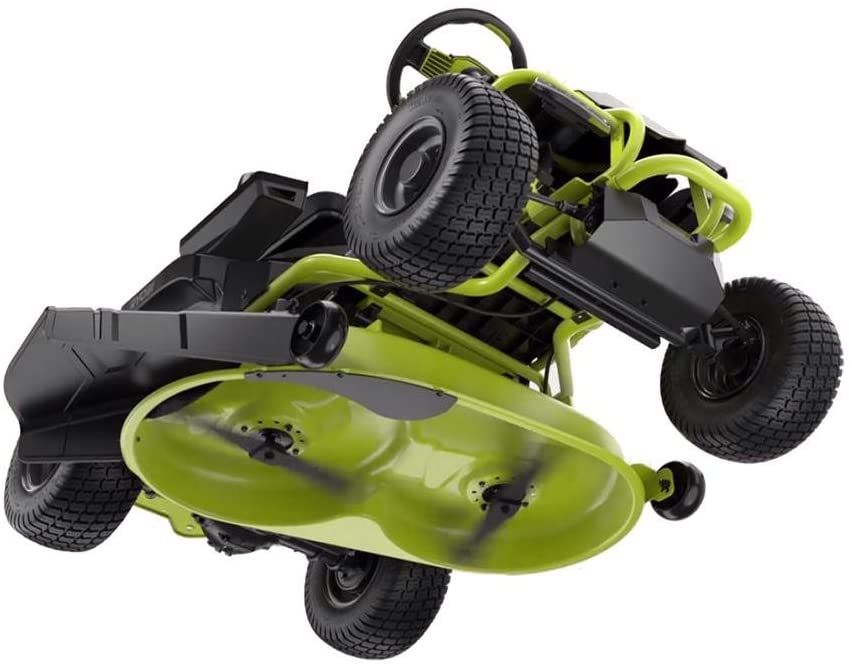 A black and green Ryobi 38-inch mower deck with dual blades, from the bottom.