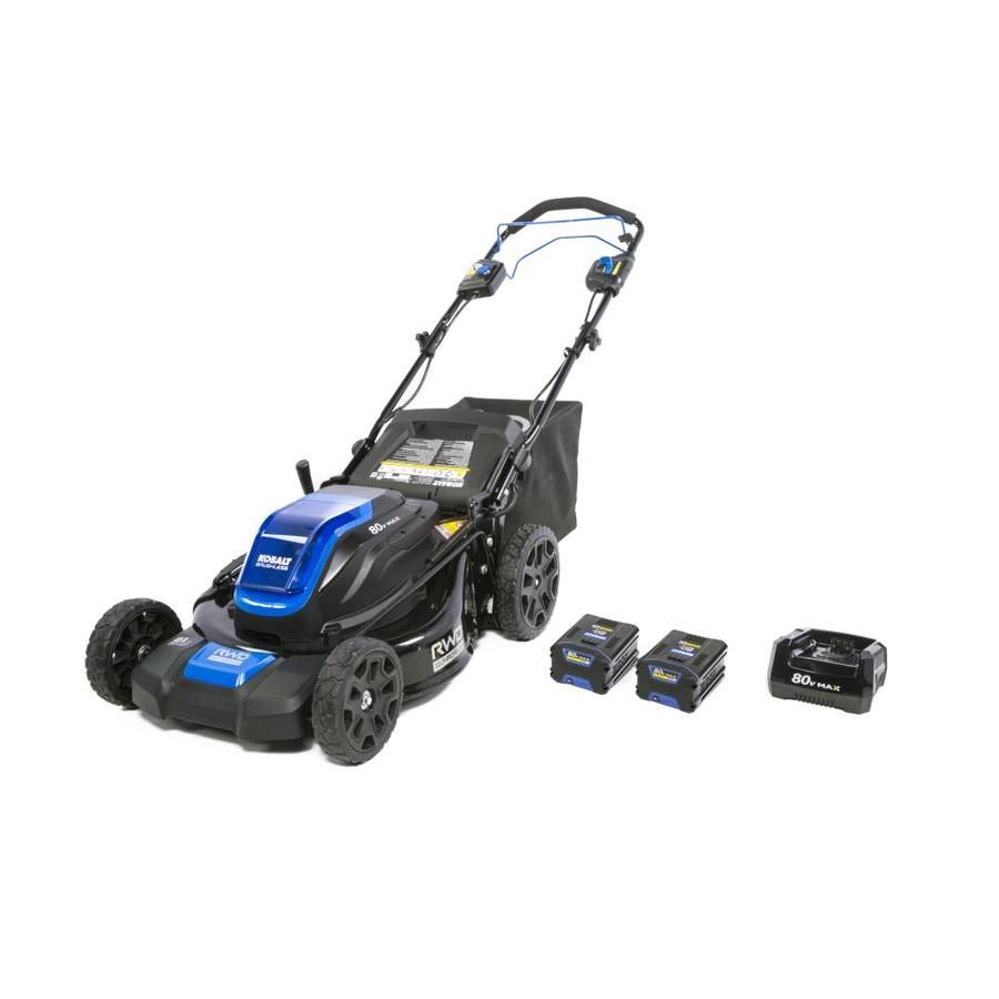 A black and shiny blue Kobalt self-propelled electric lawn mower with two Lithium-Ion batteries and a charging station.