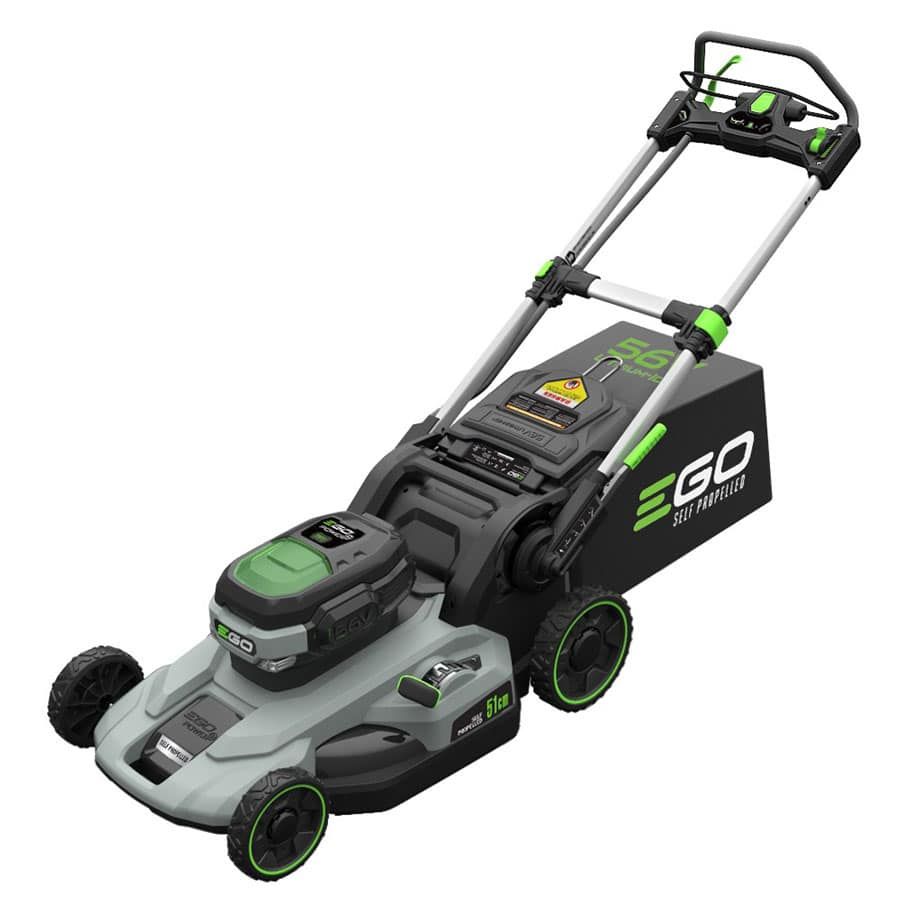 A Power+ series self-propelled lawn mower by Ego, silver, grey, and black in color with bright green highlights.
