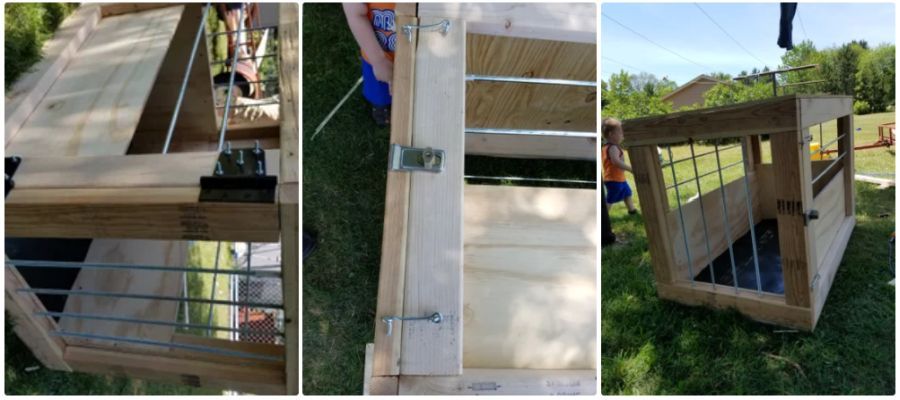 Three photos of the Houdini Dog Kennel, from under constructions to finished product sitting on a lawn.